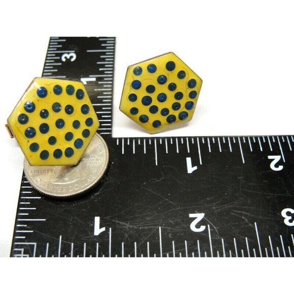Yellow Dots Enamel Copper Cufflinks Shirt Accessories Wedding Vintage - Picture 8 of 12